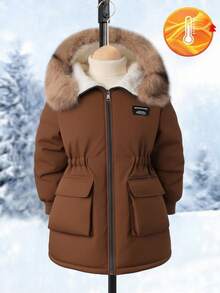 SHEIN 女童秋冬派克大衣，毛领，大口袋，连帽，收腰，简约时尚，中长款棉质外套 - 棕色 - 查看 6