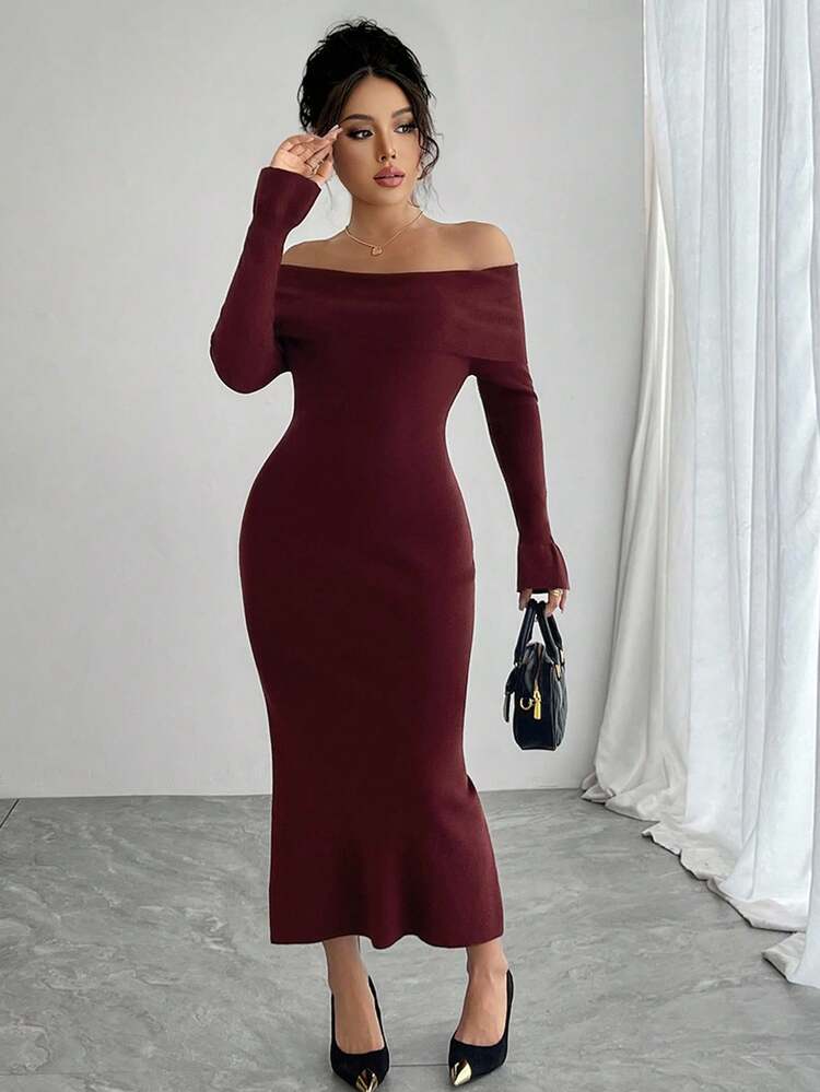 Women's Elegant Solid Color Off Shoulder Sweater Dress, Autumn Red Women Dresses Christmas