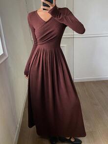 DAZY Vestido casual de mujer de unicolor con cuello en V cruzado, manga larga y plisado - Marrón - Ver 4