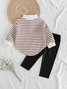 SHEIN 2pcs/Set Baby Girl Casual Striped Collar Long Sleeve Top And Versatile Pants Set, Suitable For Spring, Autumn And Winter Fall - Coffee Brown - View 2