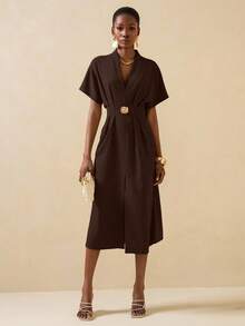 Vesra Women's Waist Cinched Metal Decor Button Short Sleeve Solid Color Split Hem Dress Chocolate Brown Dress - Coffee - View 5