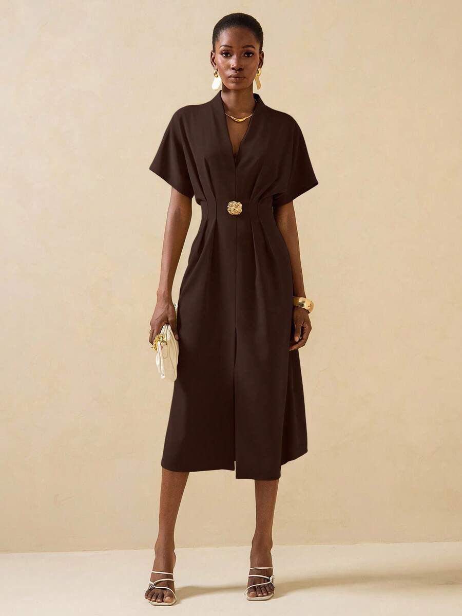 Vesra Women's Waist Cinched Metal Decor Button Short Sleeve Solid Color Split Hem Dress Chocolate Brown Dress - Coffee - View 1