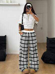 Coolane Women's Fall Casual Daily Wear Basic Loose Checked Plaid Patchwork Wide Leg Pants