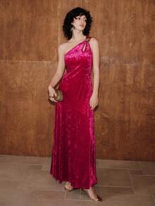 Uhlyne Uhlyne Women's Minimalist Velvet Metal Accessory Dress, Suitable For Wedding Guest, Birthday Party, Holiday, Christmas - Hot Pink - View 7
