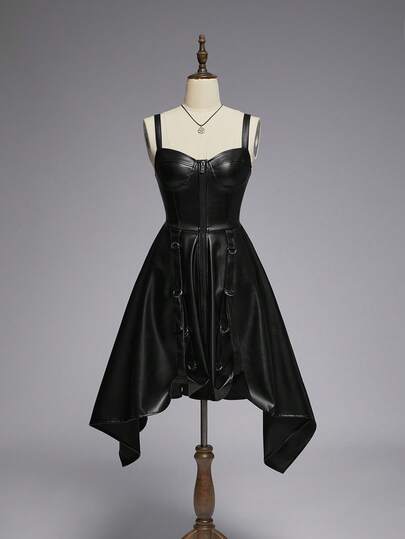 EDITION Women's Gothic Punk PU Front Short Back Long Strap Mid-Length Dress