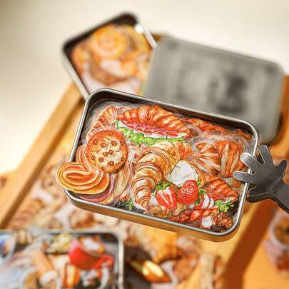 1 盒 100 张复古迷你牛角面包图案 PET 装饰贴纸，学校用品，返校季