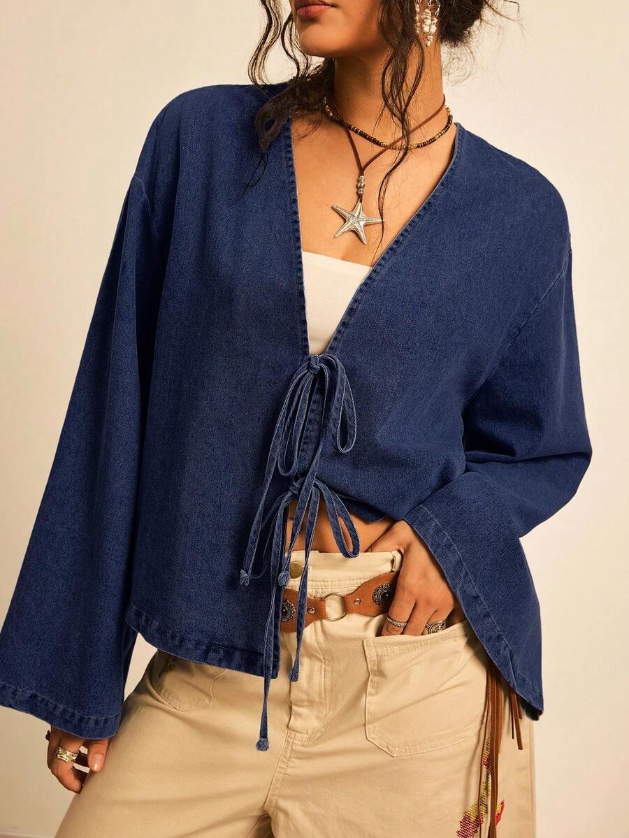 Freevana Áo sơ mi tay loe rộng rãi buộc dây phía trước cỡ lớn, mùa thu - Màu xanh hải quân - Xem 1