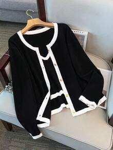 GlowEve CURVE 2件套：优雅撞色饰边大码针织开衫和背心