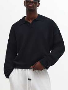 SUMWON 复古翻领 Polo 针织衫 长袖 休闲秋冬套头衫 经典复古风格 法式毛圈布罗纹袖口 常规版型 纯色 - 黑色 - 查看 2