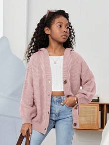 SHEIN Chaqueta de punto con capucha de manga larga y ajuste holgado informal para niñas preadolescentes