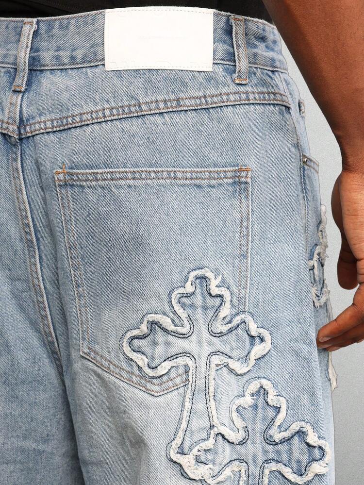 Wide Leg Denim Jeans With Cross Applique Design