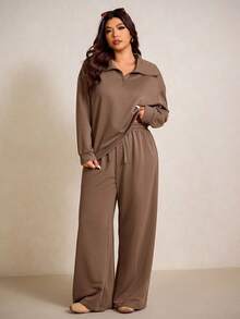 Elaquor Plus Size Women Solid Color Drop Shoulder Long Sleeve Zip-Up Half Placket Hoodie And Pants Casual 2 Pieces Set Spring - Coffee Brown - View 6