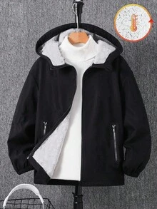 SHEIN 男童休闲纯色多功能实用口袋连帽长袖开襟轻薄外套，适合通勤、上学、日常休闲、学院风等场合，也适合男童返校、校服、幼儿园、生日派对、晚宴、婚礼、洗礼、开学典礼、上学、旅行、运动、秋季和冬季穿着。 - 黑色 - 查看 1