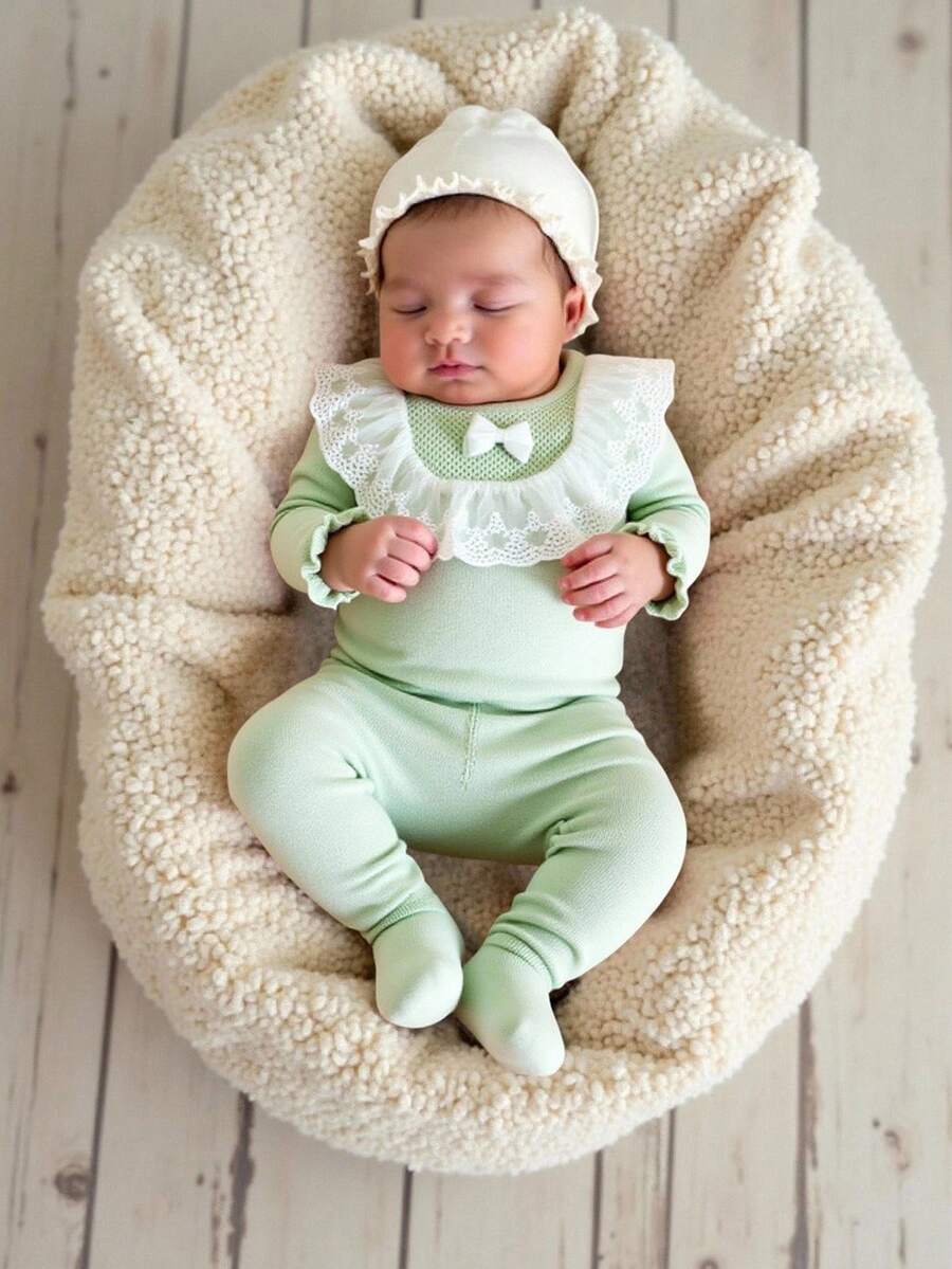 女婴棉质休闲优雅蕾丝荷叶边连帽毛衣，适合春秋季节，可爱蝴蝶结蕾丝针织连体衣，适合新生儿洗礼、百天派对、1 岁生日派对、日常穿着、旅行 - 綠色 - 查看 1