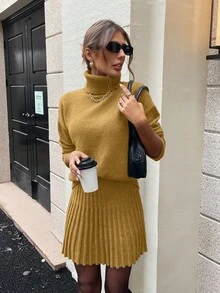 EMERY ROSE 女士休闲时尚学院风简约纯色高领宽松套头毛衣和褶皱毛衣裙套装，秋冬 - 鵝黃色 - 查看 5