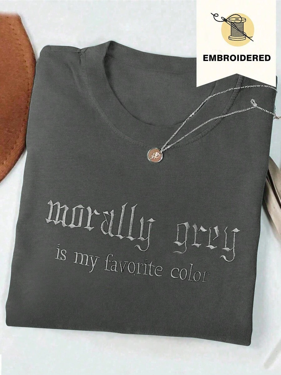 INAWLY Women Embroidery Short Sleeve Round Neck T-Shirt - Grey - View 1