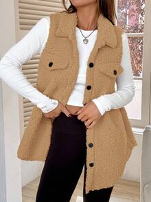 SHEIN EZwear 1件女款純色鈕扣前襟無袖口袋休閒背心，秋季/冬季日常穿著，卡其色，女款秋季穿搭，女款背心，舒適秋季/冬季女裝 - 駝色 - 查看 3