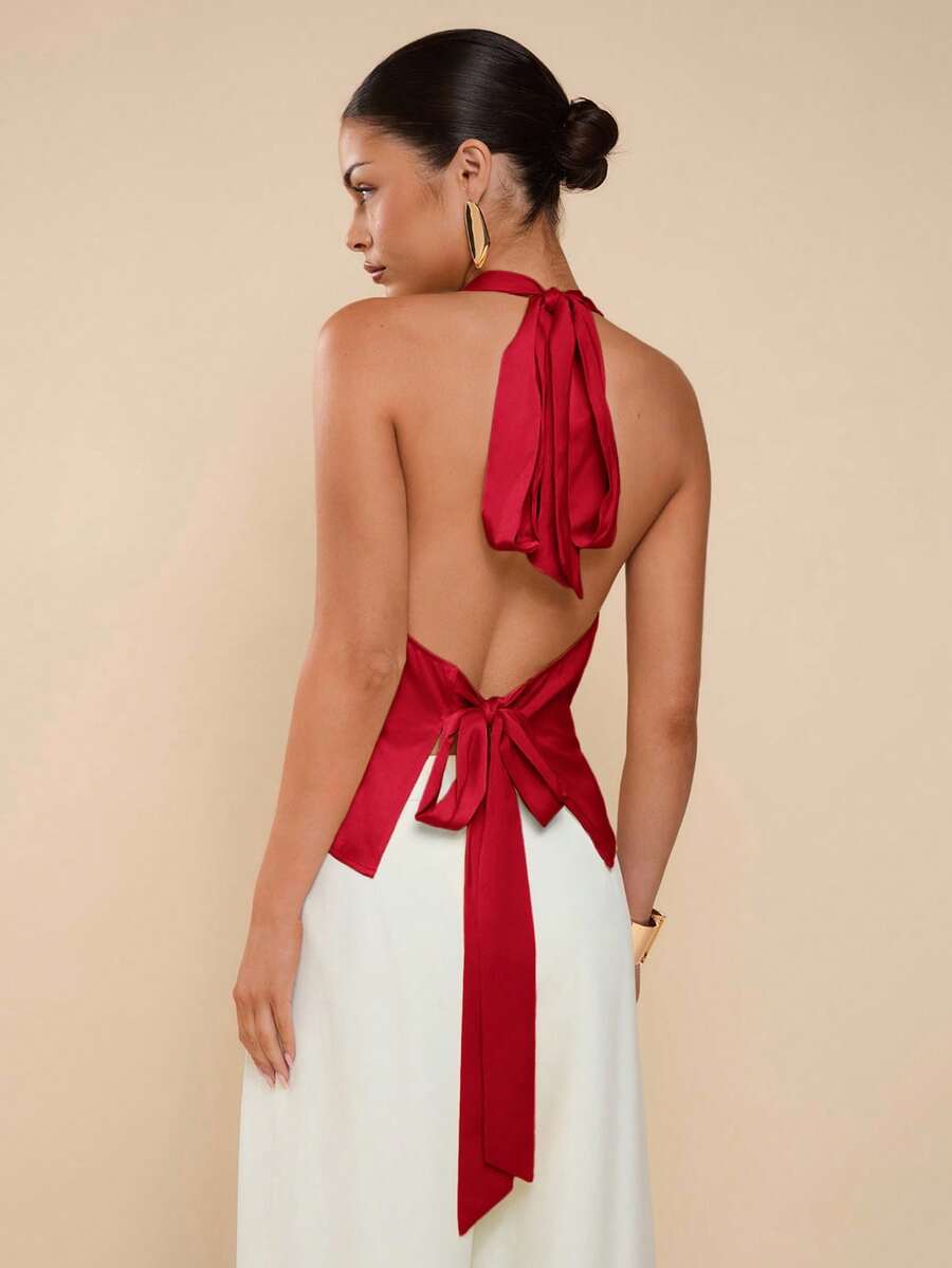 COSMINA Women's Solid Color Halter Backless Draped Sexy Camisole,Red Top - Burgundy - View 1