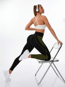 SHEIN Sports 女式高腰弹力撞色手机口袋紧身裤 - 彩色 - 查看 7