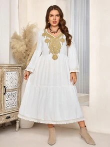 EMERY ROSE Váy dài tay cổ chữ V viền bèo nhún cỡ lớn - trắng - Xem 3
