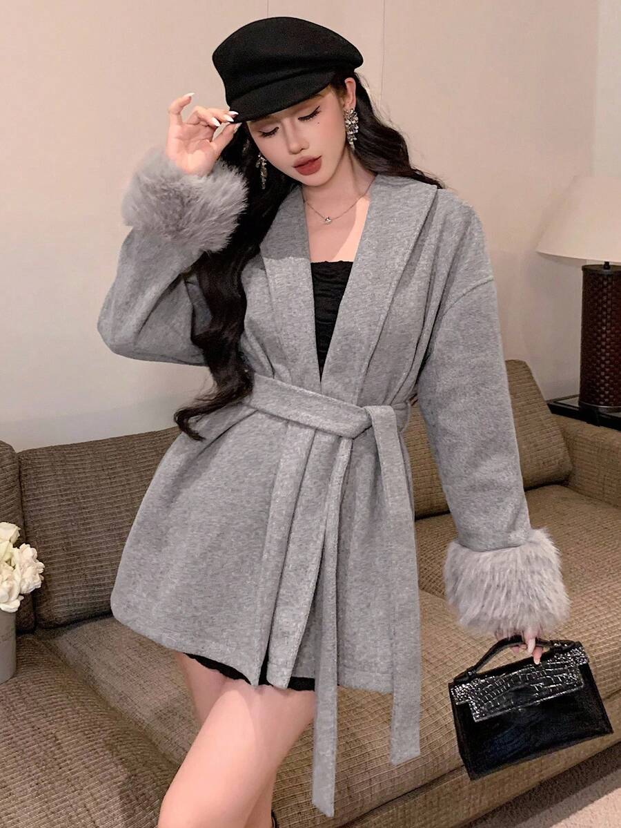 DAZY 女士羊毛大衣,配有毛绒拼布纯色抽绳腰带,适合情人节夹克 - 灰色 - 查看 1