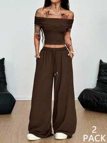 Coolane 女士秋季 Y2K 街头服饰日常基本休闲露肩短款 T 恤和宽松裤两件套服装 - 棕色 - 查看 5