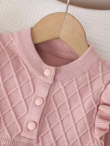 SHEIN Vintaside Kids 女婴针织长袖毛衣裙，适合秋冬季，粉色和浅粉色，百搭，优雅，荷叶边领，纹理，时尚，可爱，适合上学、日常穿着、居家、户外、旅行 - 粉色 - 查看 5