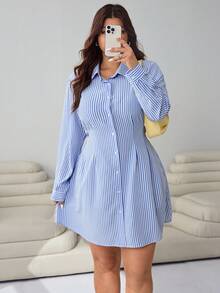 Solflare 2025 New Casual Everyday Dress, Suitable For Outings, Parties, Dates, Holidays And Multiple Occasions, Versatile, Collared, Waist Cinched, Blue & White Striped, Can Be Worn As Outer Or Inner Layer, Plus Size