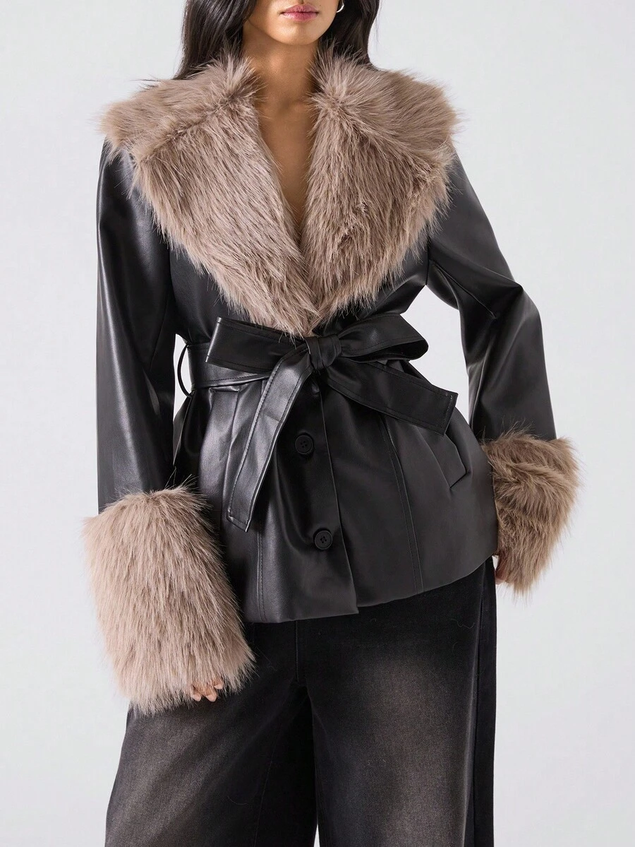 LYSMO 2025秋冬新款简约休闲女式仿毛领长袖PU黑色皮衣常规款外套秋冬外出 - 黑色 - 查看 1