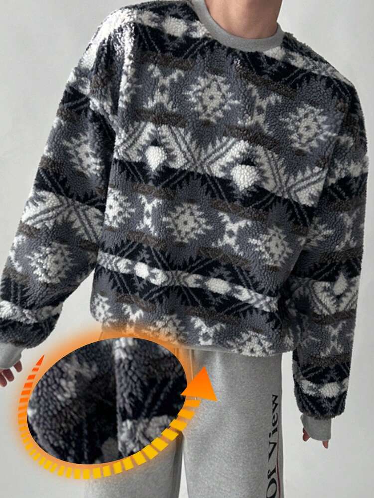 Men's Geometric Print Thermal Lined Pullover Sweatshirt, Autumn/Winter Thermal Lined, New Year, Christmas