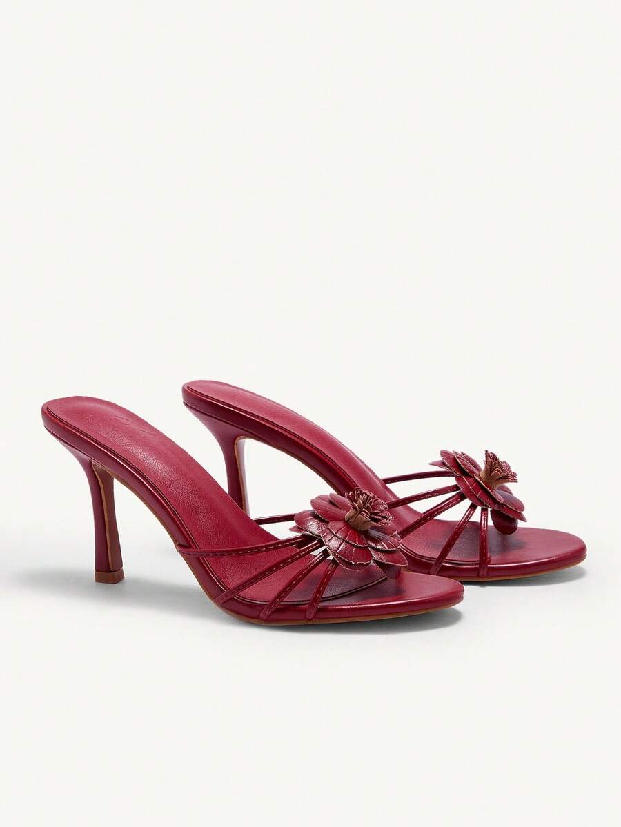 CUCCOO CHICEST Women's Fashionable High Heel Sandals With 3D Floral Decor BURGUNDY Sandals Spring Shoes Spring Break Easter Prom Heels - Burgundy - View 1