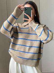 DAZY Women's Casual Striped Turtleneck Sweater, New Autumn/Winter Design - Khaki - View 3