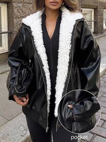 Easura Plus Size Solid Color Drop Shoulder Loose Warm Thermal Lined Winter Jacket - Black - View 1