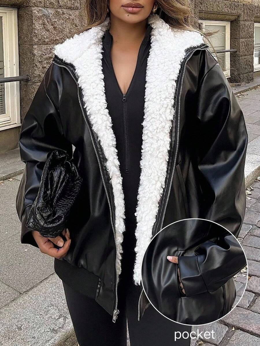 Easura Plus Size Solid Color Drop Shoulder Loose Warm Thermal Lined Winter Jacket - Black - View 1