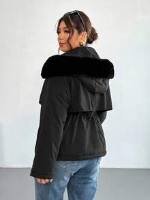 Firerie Manteau long rembourré à col amovible, doublure thermique super épaisse, pour le travail et les sorties, grande taille. Veste en coton à capuche, col en fourrure, manches longues, taille resserrée par cordon, poches en peluche, pour l'automne/l'hiver. - Noir - Voir 2