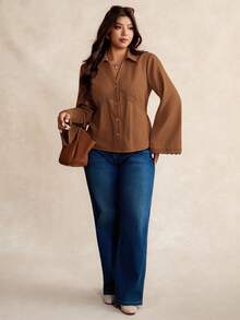 Elaquor Kemeja Lengan Panjang Polos Ukuran Besar/Musim Gugur/Musim Dingin Blus Cokelat Ukuran Besar Kemeja Kancing Depan Cokelat untuk Wanita - Coklat - View 3