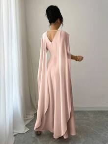 Elenzga Women's Solid Color Splice Ribbon Elegant V-Neck Cinched Waist Long Dress - Baby Pink - View 2