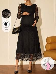MaterniWear 孕妇圆领撞色蕾丝长袖修身优雅连衣裙 - 黑色 - 查看 1