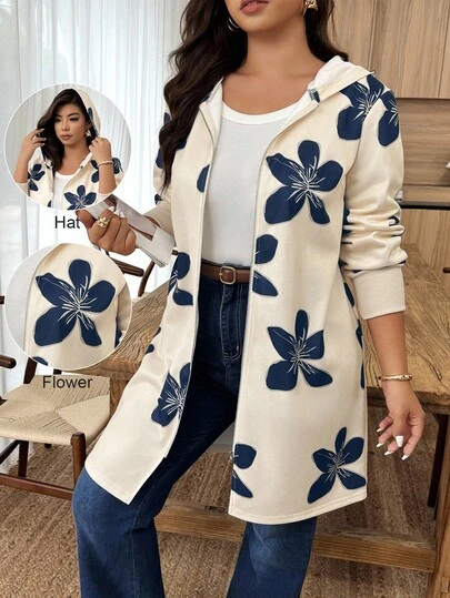 Weeklong Chaqueta con capucha casual con cremallera frontal de manga larga y estampado floral para mujer de talla grande, estampado aleatorio