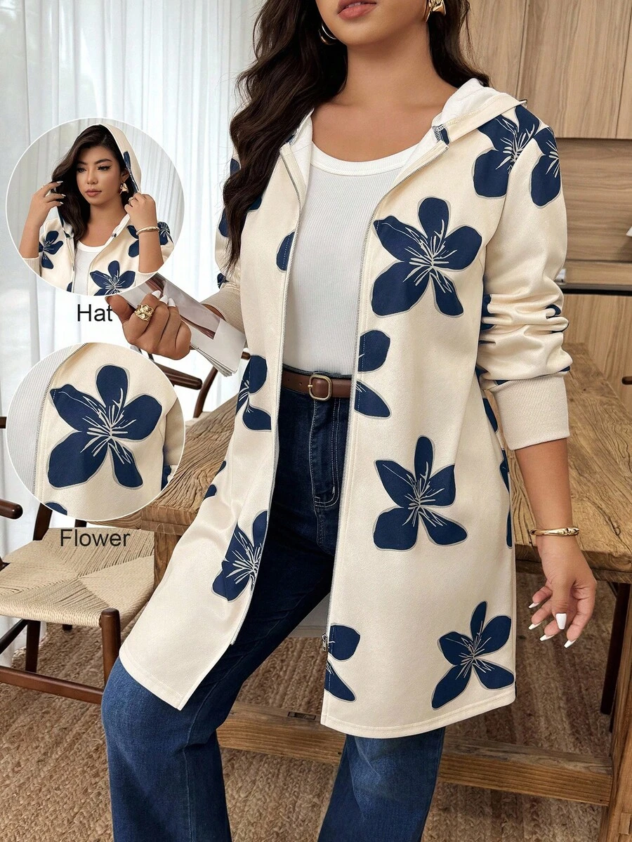 Weeklong Plus Size Women Floral Print Long Sleeve Zip Front Casual Hooded Jacket, Random Print Winter Fall Autumn - Multicolor - View 1
