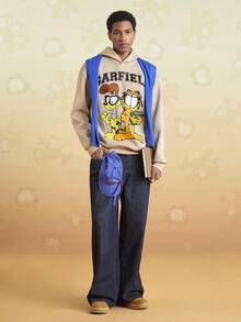 GARFIELD | SHEIN 男士休闲猫狗印花连帽衫，秋季 - 杏色 - 查看 4
