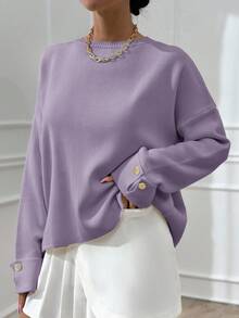 SHEIN Cottnline 女士双袖纽扣细节超大号冬季厚毛衣，温暖触感 - 紫丁香色 - 查看 6