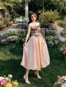 ÉTHER D'OR Women's Retro Elegant Floral Pattern Curved Hem Bandeau Top