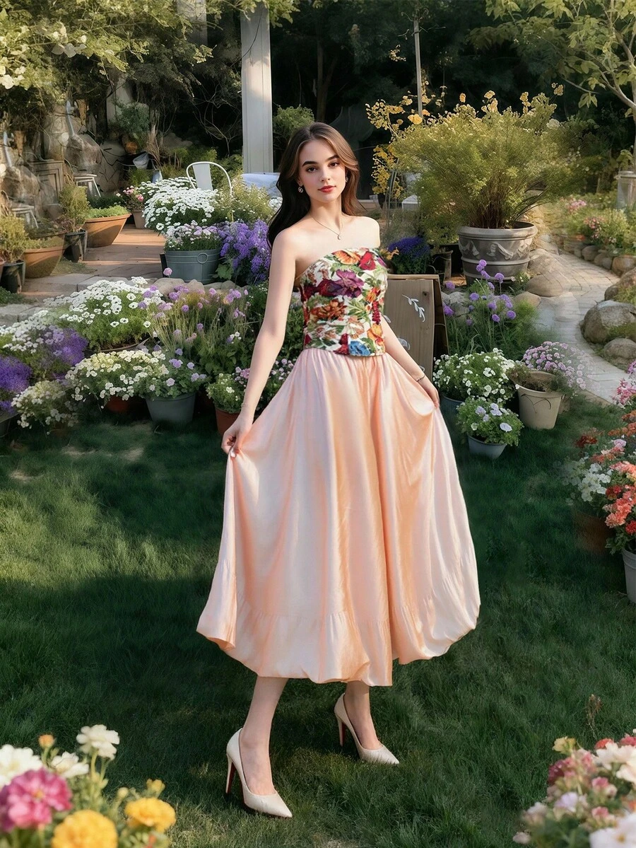 ÉTHER D'OR Women's Retro Elegant Floral Pattern Curved Hem Bandeau Top