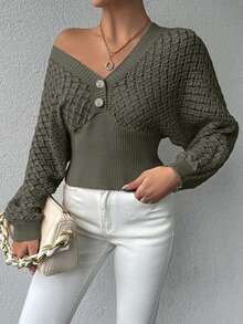 SHEIN Cottnline Women's Solid Color Hollow V-Neck Button Knitted Sweater - Army Green - View 5