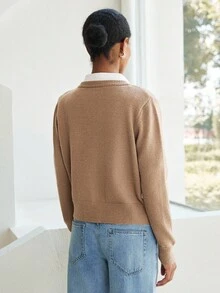SHEIN Luminelle Áo len cardigan cổ tròn cài một hàng khuy đính đá thời trang - Màu nâu  Mocha - Xem 2