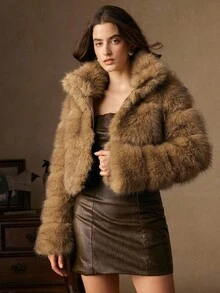 Anewsta Fashionable Faux Fur Women's Jacket, Fox Fur Dyed Pointed Collar Windproof Elegant Short Coat - Brown - View 5