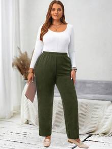 EMERY ROSE Plus Size Women's Casual Daily Black Long Pants With Pockets - Dark Green - View 7