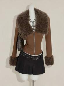 SHEIN ICON Y2k Fall Western Going Out Brown Zip Up Grunge Concert Goth Solid Color Faux Fur Zipper Patchwork Fitted Long Sleeve Jacket - Brown - View 6