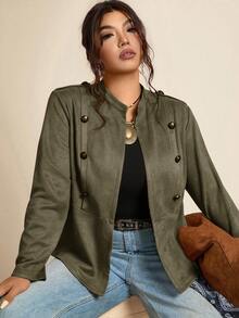 Freevana Plus Size Solid Color Button Decor Casual Long Sleeve Jacket Travel Fall Khaki Earthy Winter